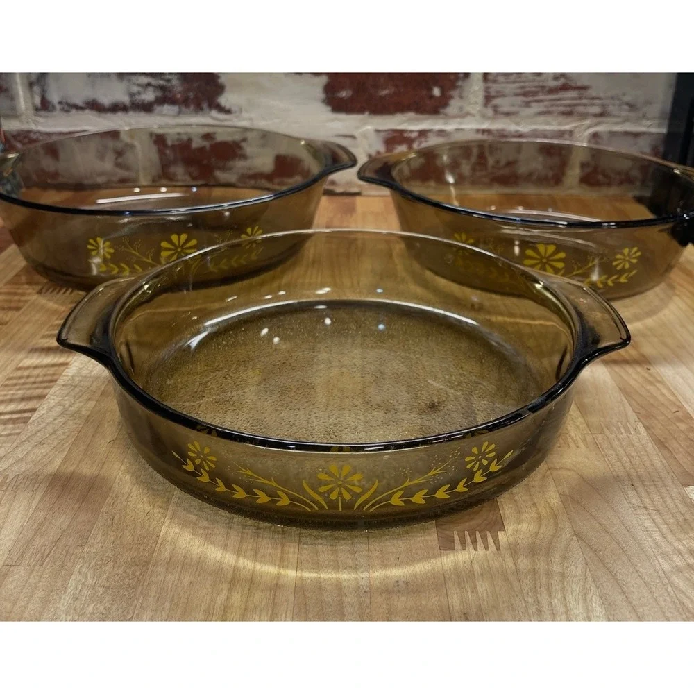 Vintage MCM Glasbake Jeanette Casserole Dishes Set 3 Yellow Floral Retro Brown‎